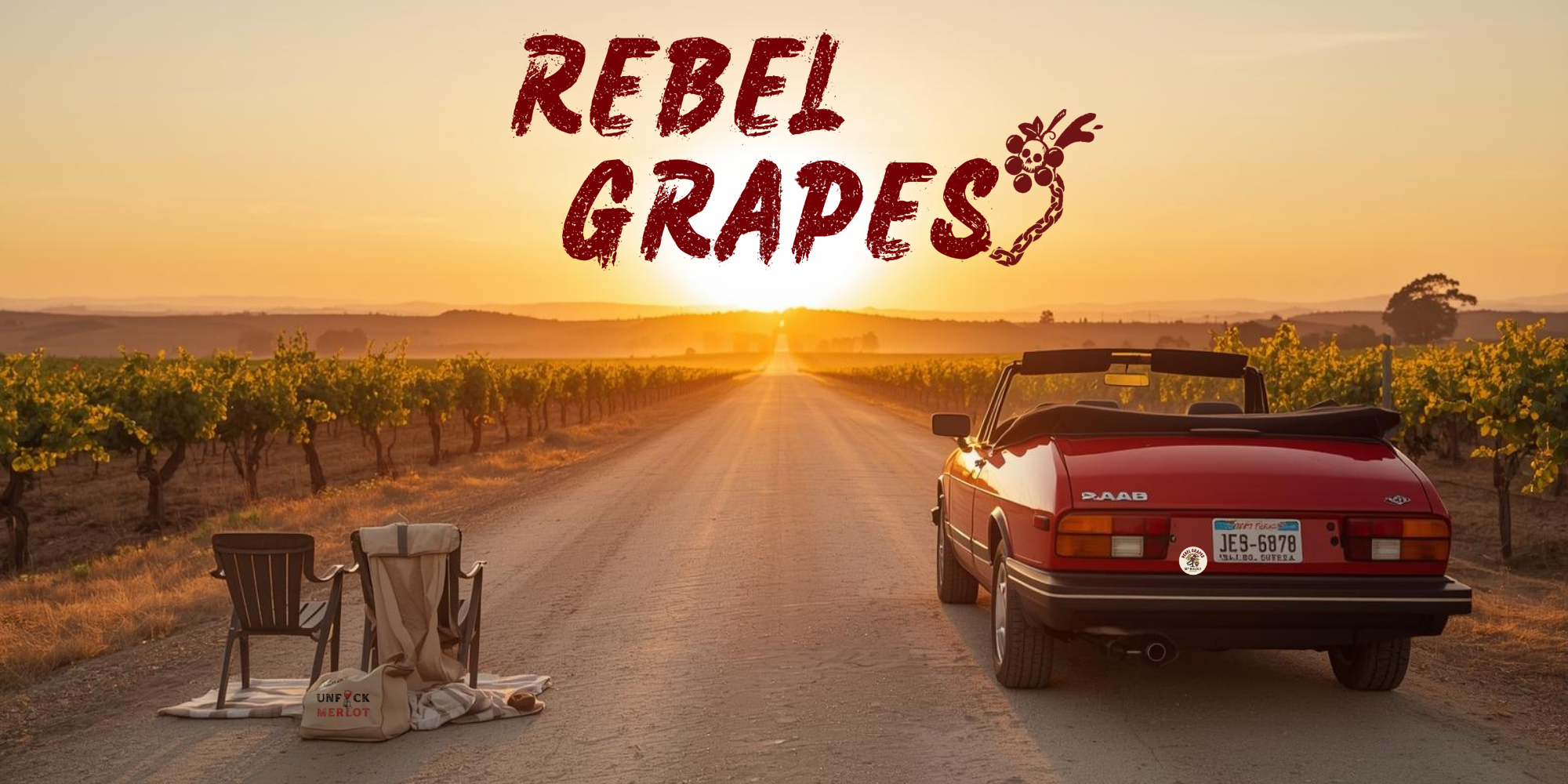 Red convertible car on a dirt road with vineyards and sunset, featuring 'Rebel Grapes' logo.